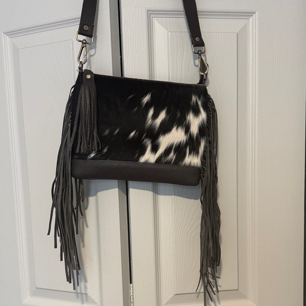 Brown& White Fringe Cowhide Crossbody Bag with Tassel